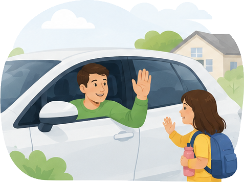 A parent waving to a child at pickup